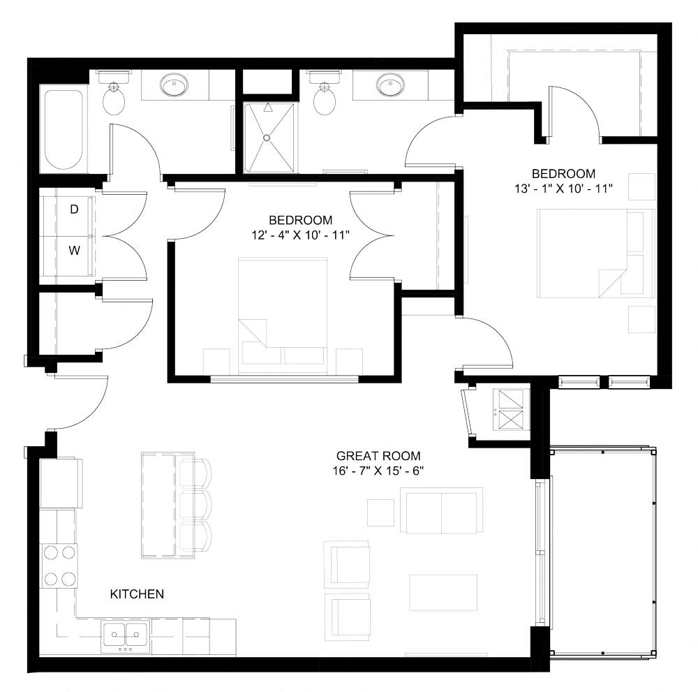 Floor plan for 2 beds, 2 baths, 1122 sqft